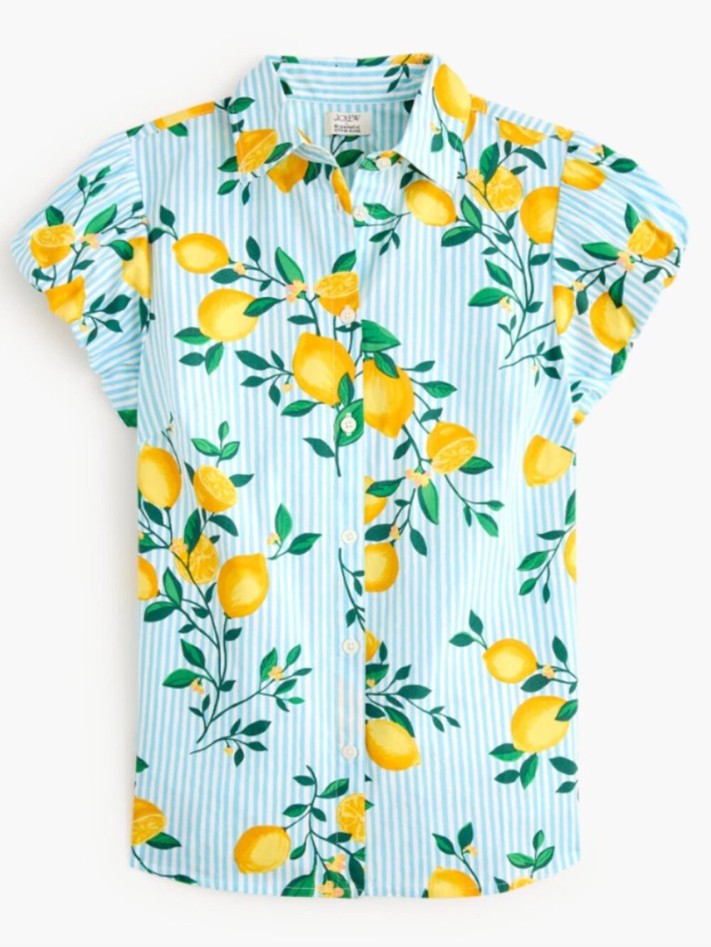 J. Crew Puff-Sleeve Button-Up Top Lemon Print Coastal Summer Vacation Sz S